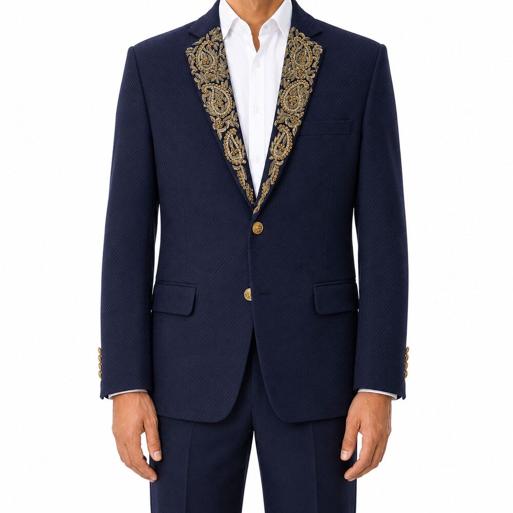 Mens 42R Navy Blue Wool Blazer Hand Embroidered Gold Paisley Tuxedo Suit Jacket